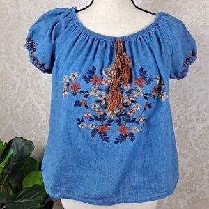 Fig88 Size Small Blue Peasant Blouse Embroidered Floral Tassel Tie Scoop Neck